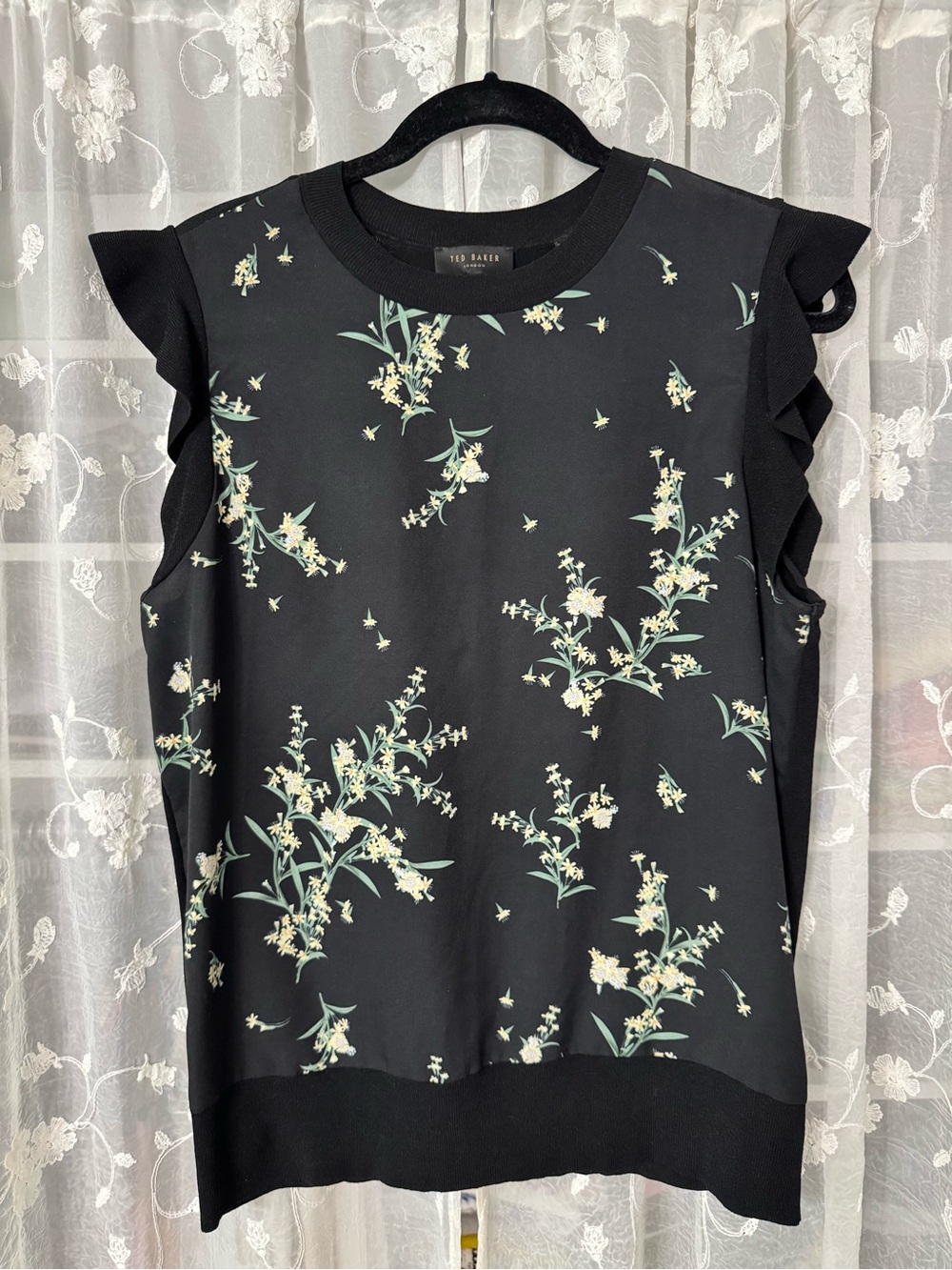 Ted Baker Black Floral Ruffle Sleeve Tank Top